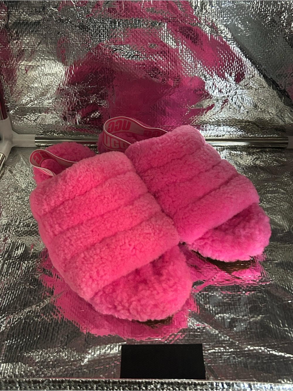 UGG Hot Pink Fluff Strap Slide Slippers